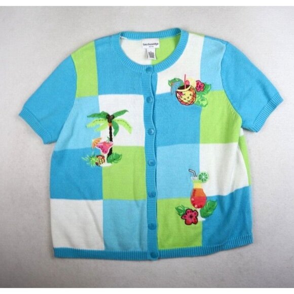 WOMEN'S BLUE TROPICAL MARGERITA VACATION THEME SHORT SLEEVE CARDIGAN SWEATER PL - Picture 1 of 5